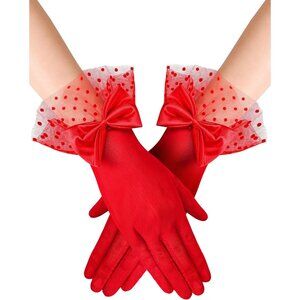 Women's Short Red Bow Lace Gloves Tea Party Elegant Opera Wedding Accessories
